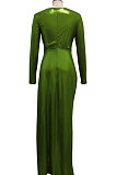 Green High Quality Hot Stamping Long Sleeve Deep V Neck High Slit Elegant Dress SMR10747-1