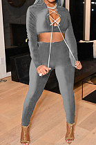 Grey New Women's Velvet Neckline Lace-Up Tops Skinny Pants Plain Color Sets YYF8265-5