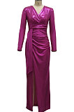 Rose Red High Quality Hot Stamping Long Sleeve Deep V Neck High Slit Elegant Dress SMR10747-3