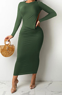 Army Green Women Solid Color Sexy Long Sleeve Backless Round Collar Pullover Elastic Waist Long Dress WMZ2675-4