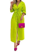 Green Women Long Sleeve Solid Color Turn-Down Collar Casual Long Waistband T Shirt/Shirt Dress YZ7079 -2
