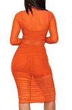Orange Euramerican Club Lady Mesh Spaghetti Tank Shorts Round Collar Pullover Ruffle Mini Dress Three Pieces WMZ2482-6