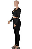 Black Women Autumn Winter Fashion Pure Color Long Sleeve Bandage Hollow Out Sexy Pants Sets WMZ2672-1