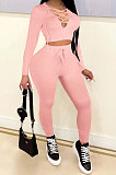 Pink Women Autumn Winter Fashion Pure Color Long Sleeve Bandage Hollow Out Sexy Pants Sets WMZ2672-4