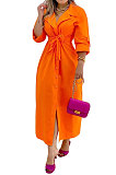Apricot Women Long Sleeve Solid Color Turn-Down Collar Casual Long Waistband T Shirt/Shirt Dress YZ7079 -4