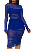 Royal Blue Euramerican Club Lady Mesh Spaghetti Tank Shorts Round Collar Pullover Ruffle Mini Dress Three Pieces WMZ2482-5