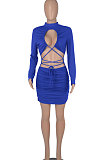 Bright Blue Women Long Sleeve Pure Color Sexy Bandage Strapless Hollow Out Mini Dress WMZ2679-3