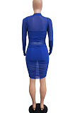 Blue Euramerican Club Lady Mesh Spaghetti Tank Shorts Round Collar Pullover Ruffle Mini Dress Three Pieces WMZ2482-3