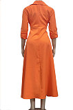 Orange Women Long Sleeve Solid Color Turn-Down Collar Casual Long Waistband T Shirt/Shirt Dress YZ7079 -1