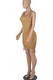 Khaki Women Round Collar Bodycon Drawsting Sleeveless Ruffle Knit Fashion Mini Dress WMZ2678-4
