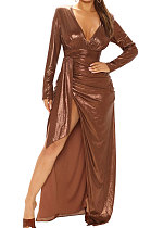 Brown High Quality Hot Stamping Long Sleeve Deep V Neck High Slit Elegant Dress SMR10747-2