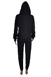Navy Blue Casual Long Sleeve Oblique Neck Hoodie Jogger Pants Sports Sets S66318-1