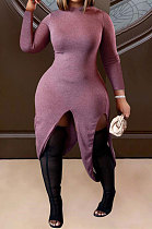 Purple Women Solid Color Ribber Lower Hem Split Irregular Plus Mini Dress QHH8668-2