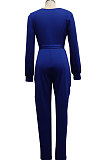Blue High Quality Women's Puff Sleeve V Collat Collect Waist Solid Color Jumpsuits SMR10749-2