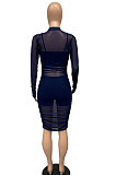 Royal Blue Euramerican Club Lady Mesh Spaghetti Tank Shorts Round Collar Pullover Ruffle Mini Dress Three Pieces WMZ2482-5