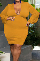 Orange Yellow Fat Women;'s Puff Sleeve Deep V Neck Ruffle Slim Fitting Dress JG063-2