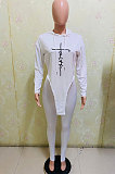 White Women Euramerican Autumn Fahion Printing Hoodie Top Irregular Sport Pants Sets AJK9024-1