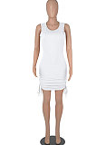 White Women Round Collar Bodycon Drawsting Sleeveless Ruffle Knit Fashion Mini Dress WMZ2678-3