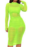 Neon Green Euramerican Club Lady Mesh Spaghetti Tank Shorts Round Collar Pullover Ruffle Mini Dress Three Pieces WMZ2482-7