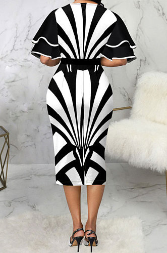White Digital Printed Ruffle Sleeve Round Neck Elegant For Party Wrap Dress SMR10721-1