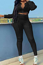 Black Women Pure Color Bandage Crop Long Sleeve Long Panst Sets QMQ7067-1