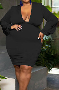 Black Fat Women;'s Puff Sleeve Deep V Neck Ruffle Slim Fitting Dress JG063-1