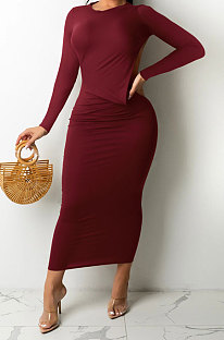 Wine Red Women Solid Color Sexy Long Sleeve Backless Round Collar Pullover Elastic Waist Long Dress WMZ2675-3