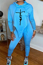 Blue Women Euramerican Autumn Fahion Printing Hoodie Top Irregular Sport Pants Sets AJK9024-2