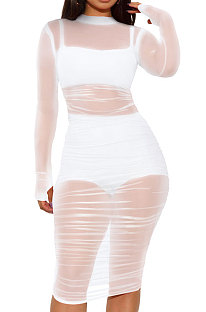 White Euramerican Club Lady Mesh Spaghetti Tank Shorts Round Collar Pullover Ruffle Mini Dress Three Pieces WMZ2482-4