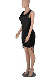 Black Women Round Collar Bodycon Drawsting Sleeveless Ruffle Knit Fashion Mini Dress WMZ2678-1