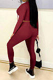 Wine Red Women Autumn Winter Fashion Pure Color Long Sleeve Bandage Hollow Out Sexy Pants Sets WMZ2672-3