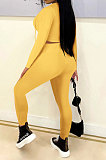 Yellow Women Autumn Winter Fashion Pure Color Long Sleeve Bandage Hollow Out Sexy Pants Sets WMZ2672-2