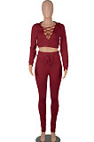 Yellow Women Autumn Winter Fashion Pure Color Long Sleeve Bandage Hollow Out Sexy Pants Sets WMZ2672-2