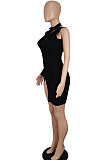 Black Women Solid Color Sexy Fashion Single Sleeve Double Zipper Backless Mini Dress SH7290