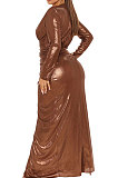Rose Red High Quality Hot Stamping Long Sleeve Deep V Neck High Slit Elegant Dress SMR10747-3