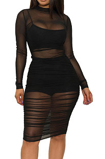 Black Euramerican Club Lady Mesh Spaghetti Tank Shorts Round Collar Pullover Ruffle Mini Dress Three Pieces WMZ2482-1