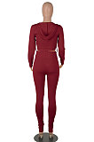 Wine Red Women Autumn Winter Fashion Pure Color Long Sleeve Bandage Hollow Out Sexy Pants Sets WMZ2672-3