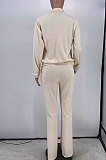 Pink Simple New Long Sleeve Zip Front Tops Flare Pants Plain Color Sets HG1511-3