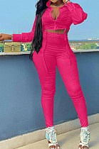 Rose Red Women Pure Color Bandage Crop Long Sleeve Long Panst Sets QMQ7067-2