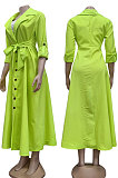 Apricot Women Long Sleeve Solid Color Turn-Down Collar Casual Long Waistband T Shirt/Shirt Dress YZ7079 -4