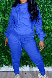 Blue Casual Long Sleeve Oblique Neck Hoodie Jogger Pants Sports Sets S66318-2