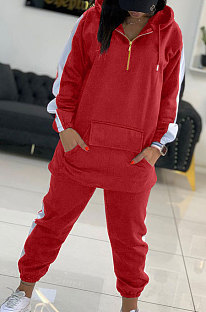 Red Personality Sports Spliced Long Sleeve Hooded Jogger Pants Sets YX9299-1