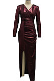 Brown High Quality Hot Stamping Long Sleeve Deep V Neck High Slit Elegant Dress SMR10747-2