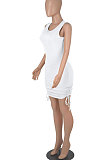 White Women Round Collar Bodycon Drawsting Sleeveless Ruffle Knit Fashion Mini Dress WMZ2678-3