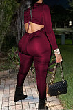Wine Red Sexy Long Sleeve Back Tighten The Belt Solid Color Bodycon Jumpsuits QSS51053-5