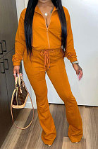 Orange Simple New Long Sleeve Zip Front Tops Flare Pants Plain Color Sets HG1511-1