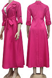 Rose Red Women Long Sleeve Solid Color Turn-Down Collar Casual Long Waistband T Shirt/Shirt Dress YZ7079 -3