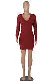 Black Women Long Sleeve Casual Solid Color V Collar Tight Mid Waist Mini Dress WMZ2667-1