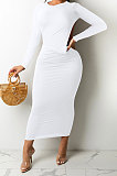 Black Women Solid Color Sexy Long Sleeve Backless Round Collar Pullover Elastic Waist Long Dress WMZ2675-1