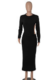 White Women Solid Color Sexy Long Sleeve Backless Round Collar Pullover Elastic Waist Long Dress WMZ2675-2